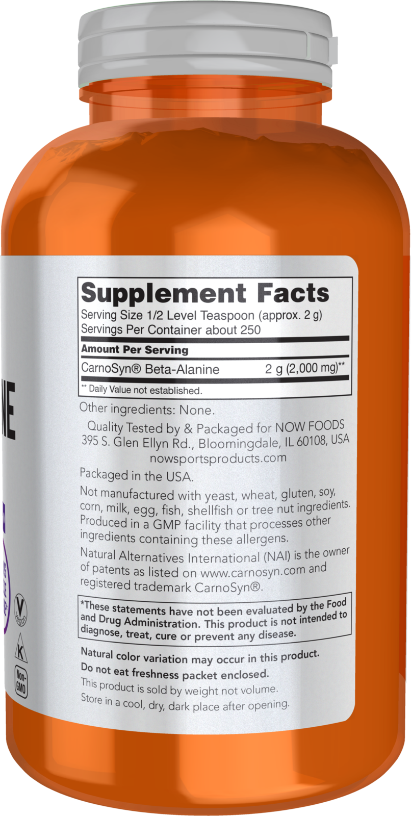 NOW Sports, Beta-Alanine Pure Powder 2,000 mg, Muscular Endurance*, 500 g