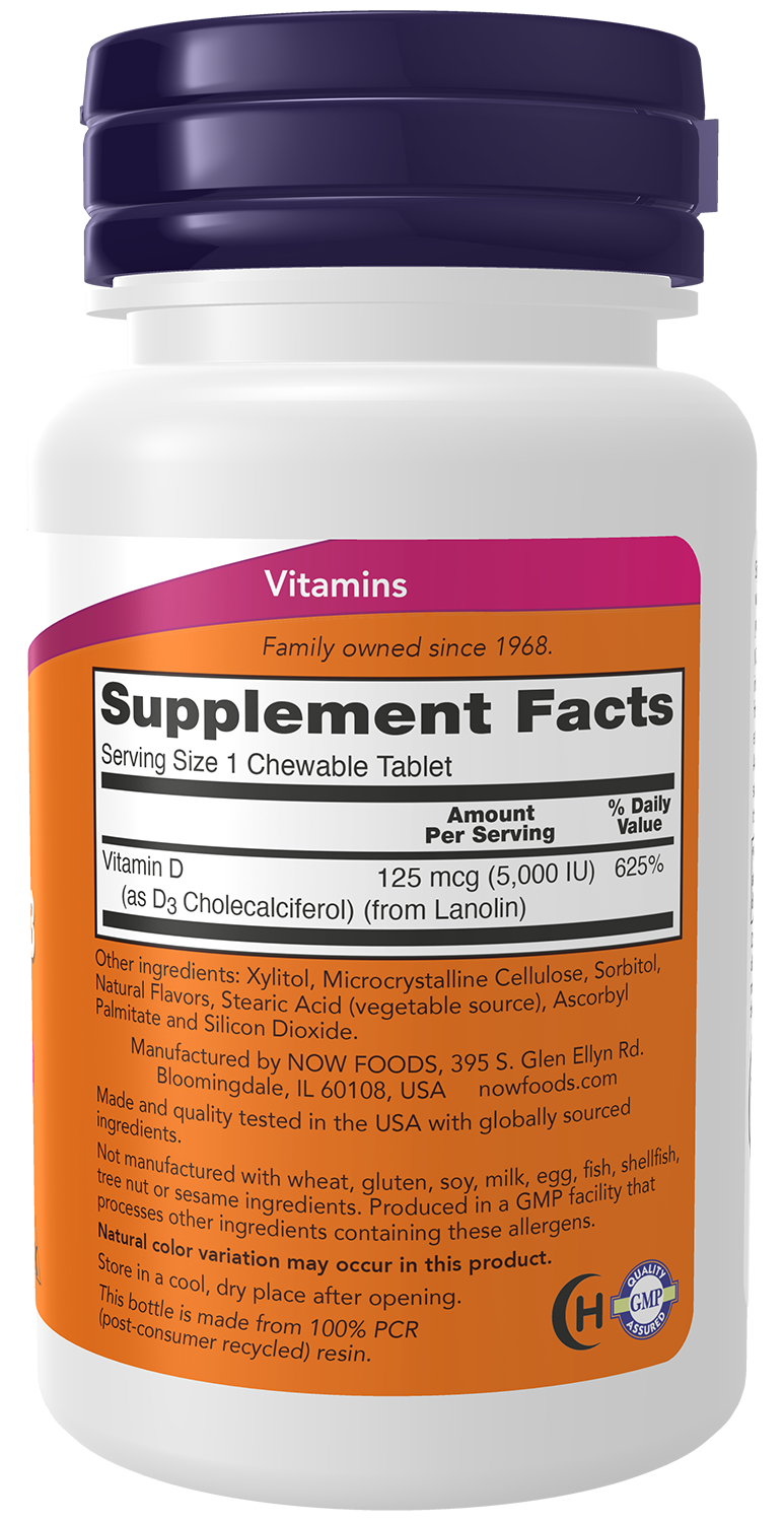 NOW Supplements, Vitamin D-3 5,000 IU, Mint Flavor, 120 Chewables