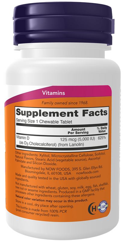 NOW Supplements, Vitamin D-3 5,000 IU, Mint Flavor, 120 Chewables