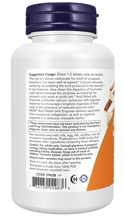 NOW Supplements, Acid Relief with Enzymes, Digestive Health*, 60 Chewables
