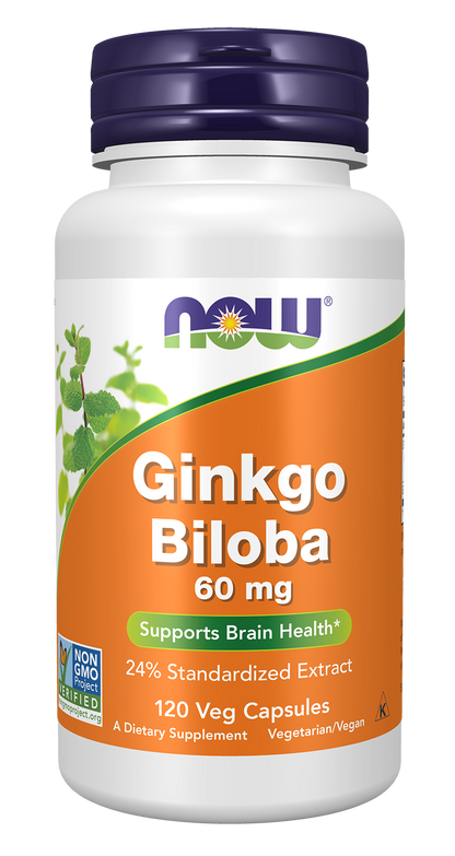 NOW Supplements, Ginkgo Biloba 60 mg, 24% Standardized Ext., 120 Veg Caps